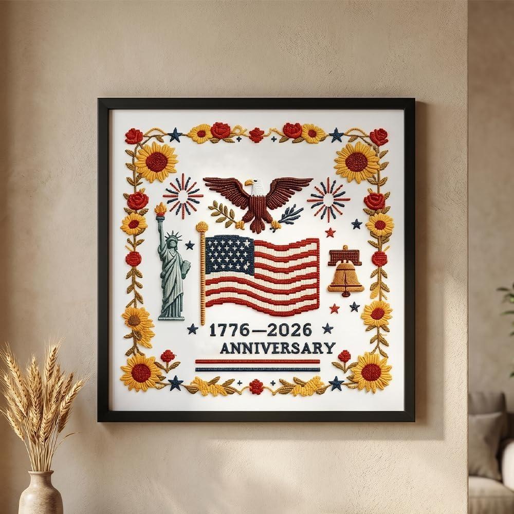 USA Anniversary 250th Stamped Embroidery Kit, 1776-2026 Patriotic Cross Stitch Set with Flag Liberty Bell Pattern