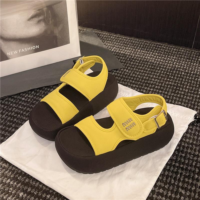 2025 summer new Velcro thick-soled muffin one-word sandals women wear one-pedal heightening casual beach shoes