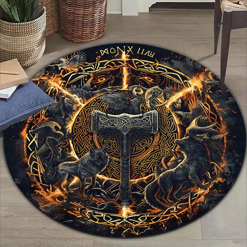 Viking Inspired Round Rug, Polyester Non-Slip Machine Washable Mat for Indoor Outdoor Living Room Bedroom Office Decor