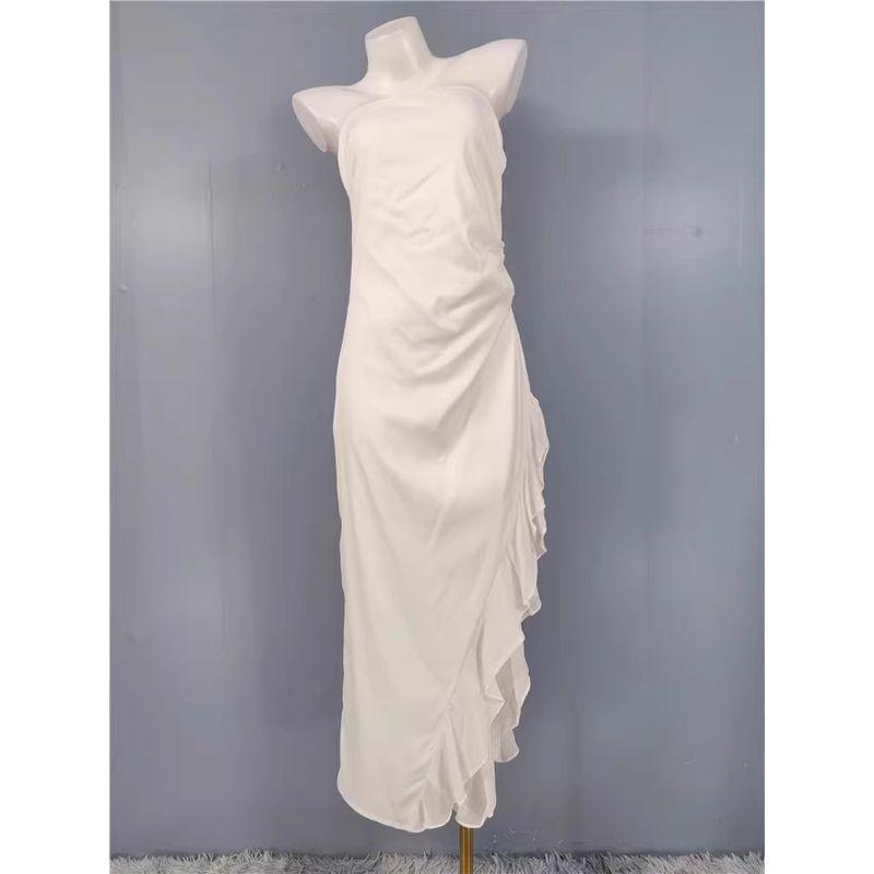 Foreign Trade Lu Lady Simple and Beautiful Wrap-around Gyaru Temperament Fashion Elegant Frill Split White Dress