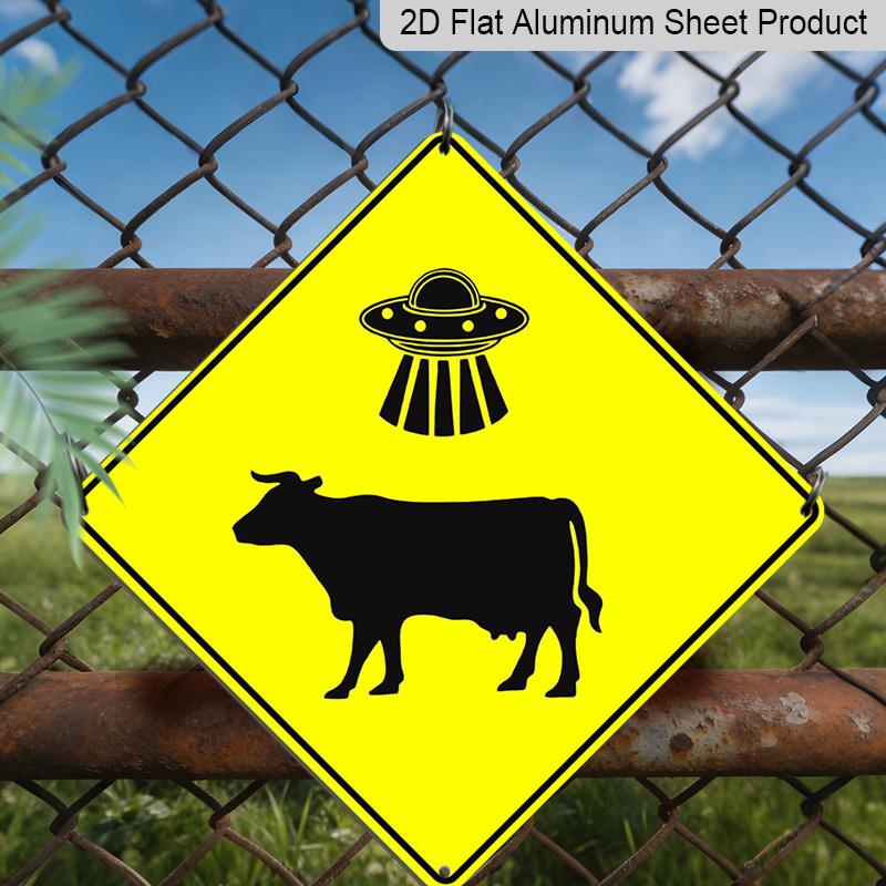 

2D Flat 1pc - Metal Aluminum Warning Plaque with Humorous Alien UFO & Cow Design, Diamond-Shaped Road Sign for Indoor/Outdoor Use, Rustic Farmhouse 20*20cm