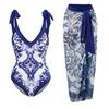 2024 European Retro French Print One-Piece Skirt Swimsuit for Women