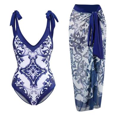 Traje de baño de una pieza con estampado francés retro europeo para mujer 2024