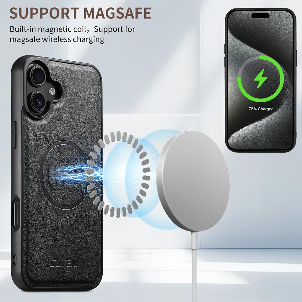 SUTENI G5 For iPhone 16 Case Compatible with MagSafe Cowhide Texture Leather Back Cover