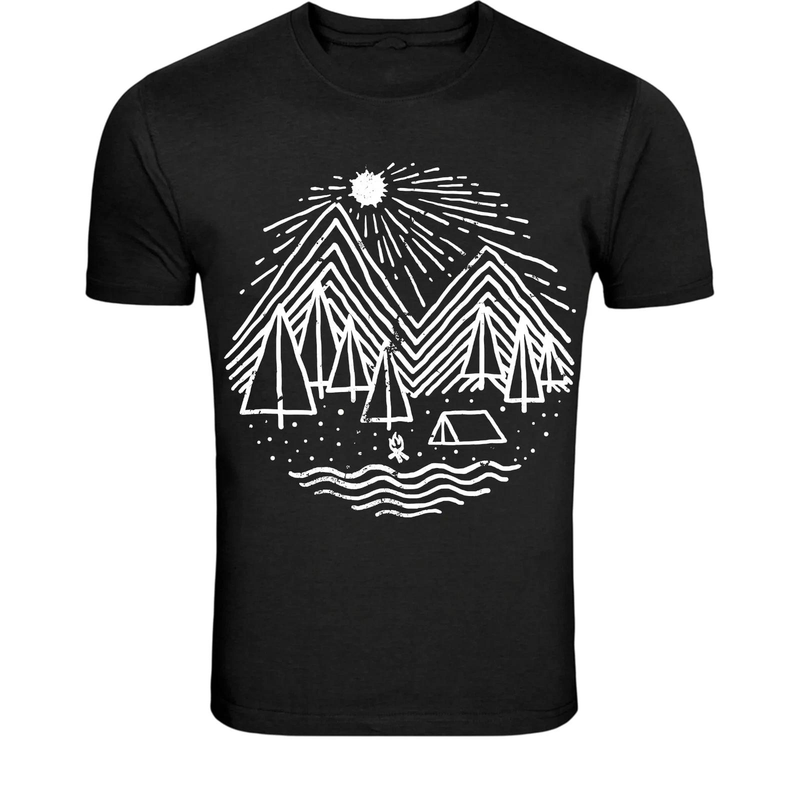Minimal Forest Camping T-Shirt - Mountain Night Nature Graphic Tee XXL