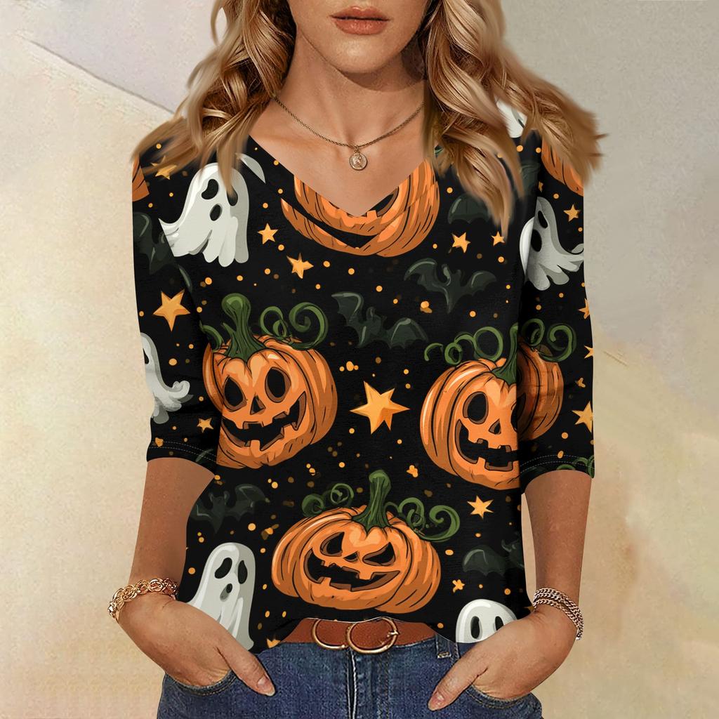Women's Casual Halloween Print V Neck Top Three Quarter Sleeve Lightweight Blouse for Fall Seasonal Wear
