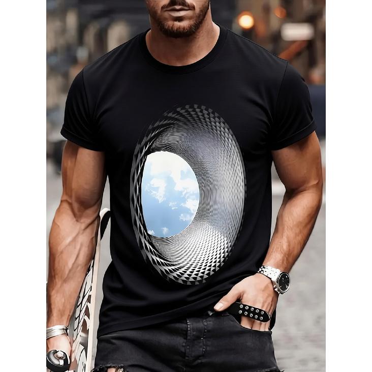Men s 3D Illusion Printed T-Shirt - Black with White Tunnel & Blue Sky Graphic, Breathable Micro-Elastic Fabric, Regular Fit Short Sleeve, All-Season S чёрный