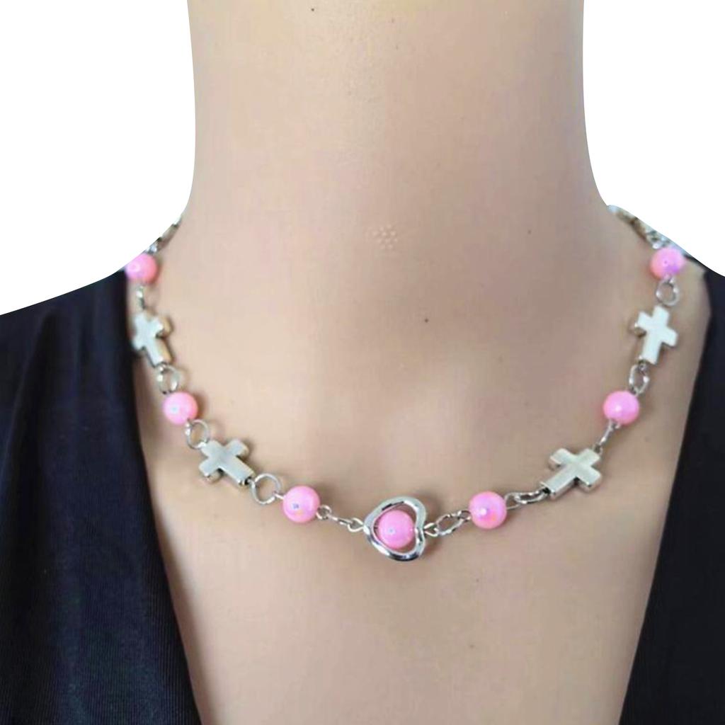 Women's Fashion Necklace with Pearls Bead Stylish Beaded Necklace Jewelry Delicate Crosses Heart Neckchain Ornament