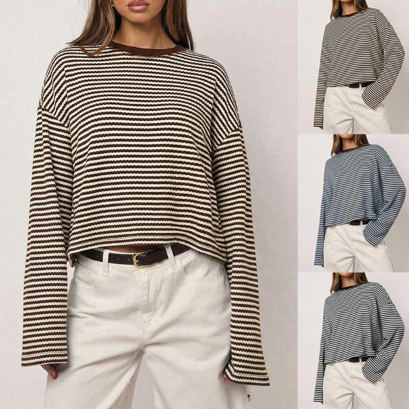 Womens Striped Knit Long Sleeve Loose T Shirt