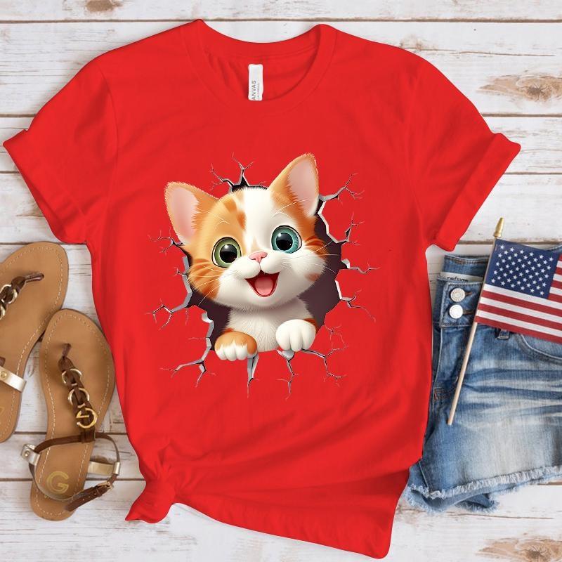 

New Cute Cat Print T-Shirts Women Summer Cool Short Sleeve Female Casual T-Shirts Round Neck Tops M