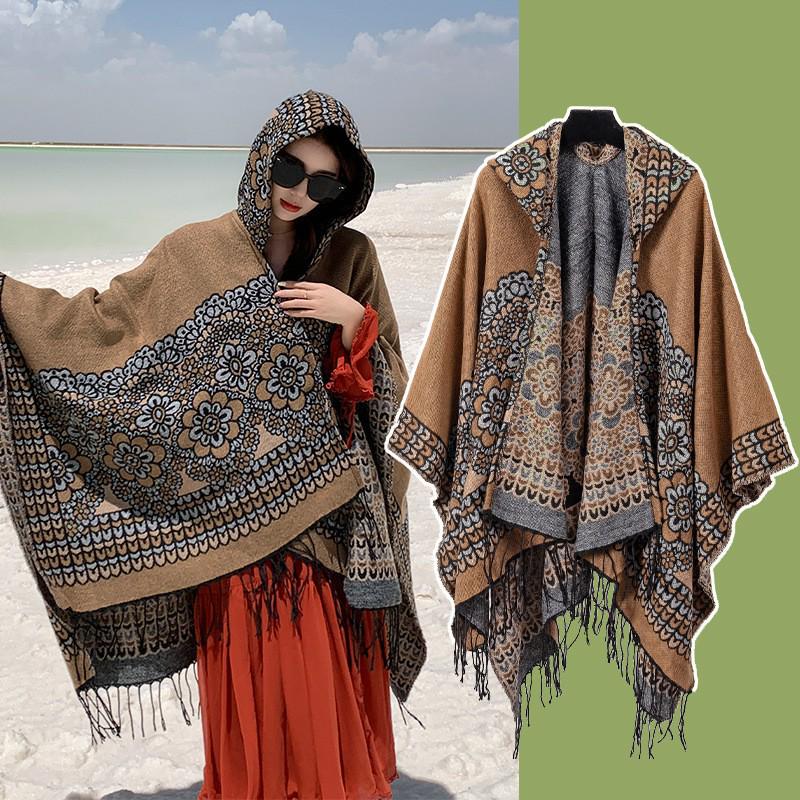 Yunnan Dali Ethnic Style Women's Warm Hooded Scarf Cloak