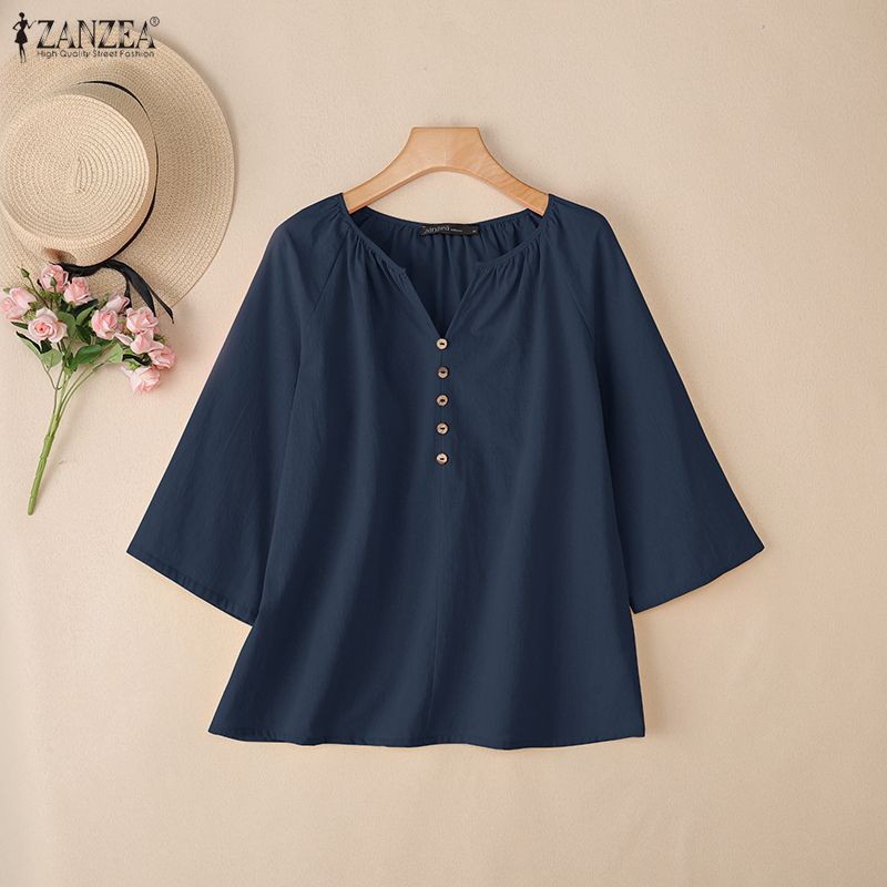 ZANZEA Lässige Damenbluse mit Rundhalsausschnitt und 3/4-Ärmeln, lockere Baumwollbluse
