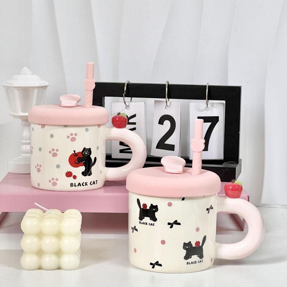 with Straw Ceramic Coffee Mug Cute Cat Pattern Water Cup with Lid Cute Drinking Cup  Birthday Gift