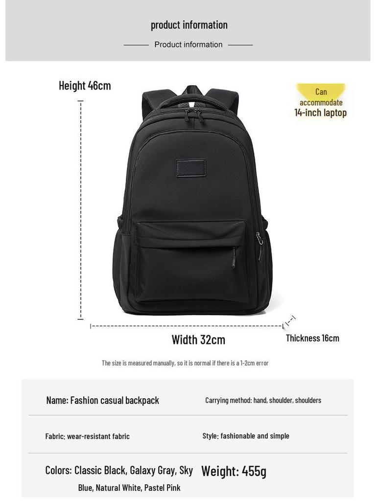 Large Capacity Korean Style Lightweight Laptop Backpack: Durable & Simple Design for Short-Distance Travel