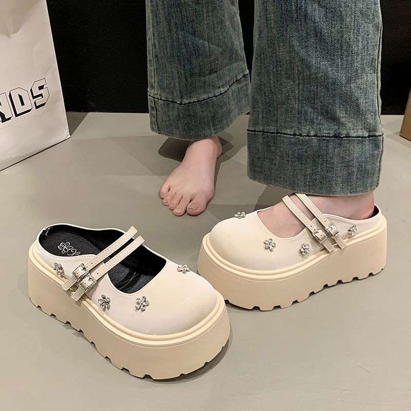 Thick-soled Heightening Mary Jane Shoes Women's Shoes 2025 New Small Double Straps Rhinestone Patent Leather Heightening Half Slippers Women