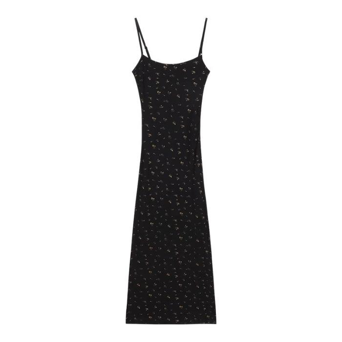 

Floral suspender dress female summer spice tight black waist sexy split hip long dress S