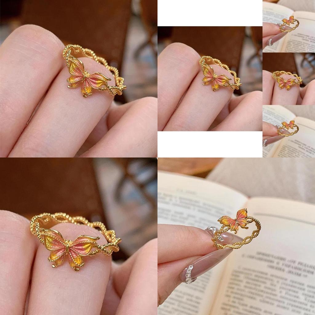Elegant Vintage Gold Butterfly Ring For Women Featuring Unique Twisted Enamel And Open Design