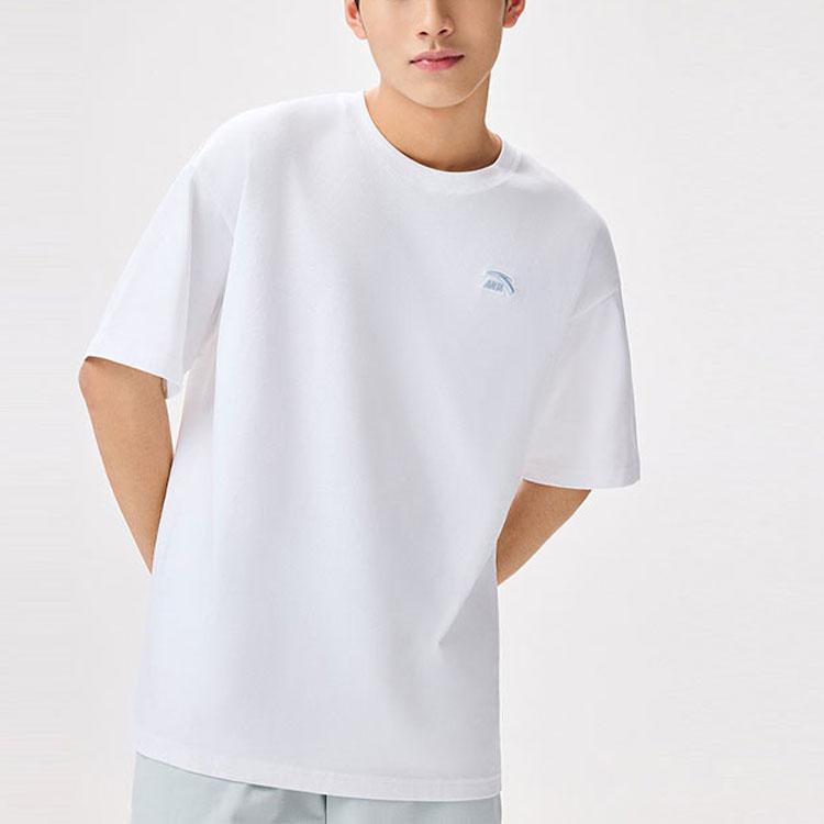 Anta Logo Pattern Round Neck Pullover Loose Short Sleeve T-Shirt Unisex Tops White 972328113-1