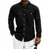 Camicia da Uomo Stile Americano Primavera Estate Lino a Righe Larga Casual Collo Alto Manica Lunga Tasche Taglia S