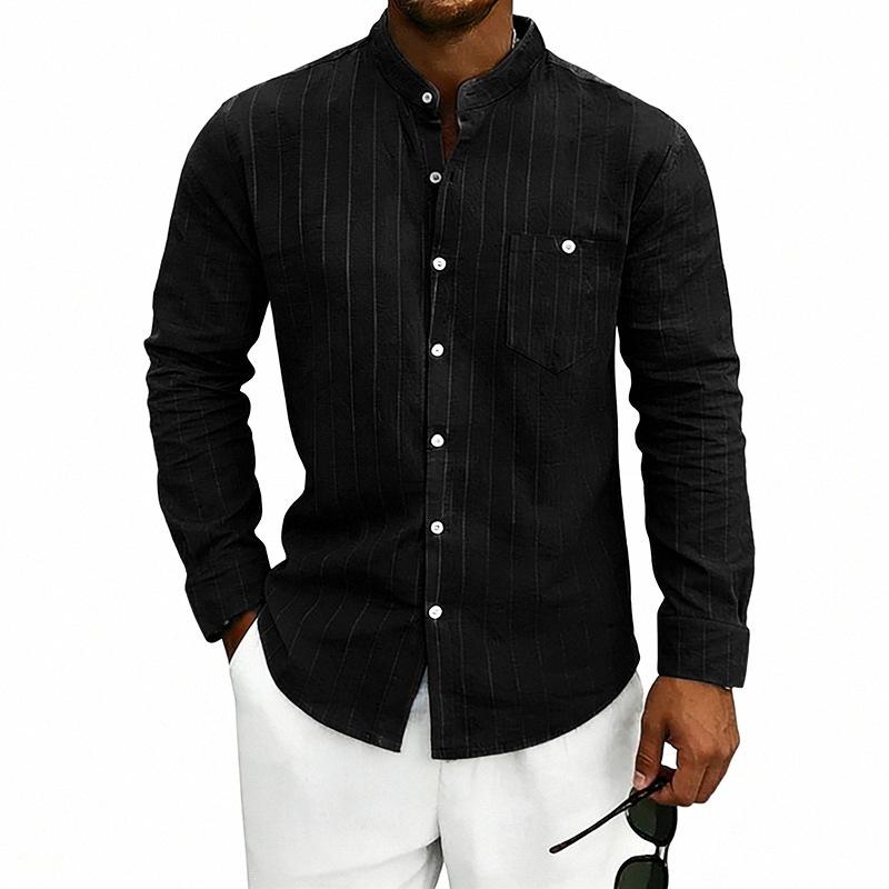 Camicia da Uomo Stile Americano Primavera Estate Lino a Righe Larga Casual Collo Alto Manica Lunga Tasche Taglia S