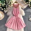 High-end daughter style light luxury bead sequined neck dress women's summer waist thin fluffy knitted skirt