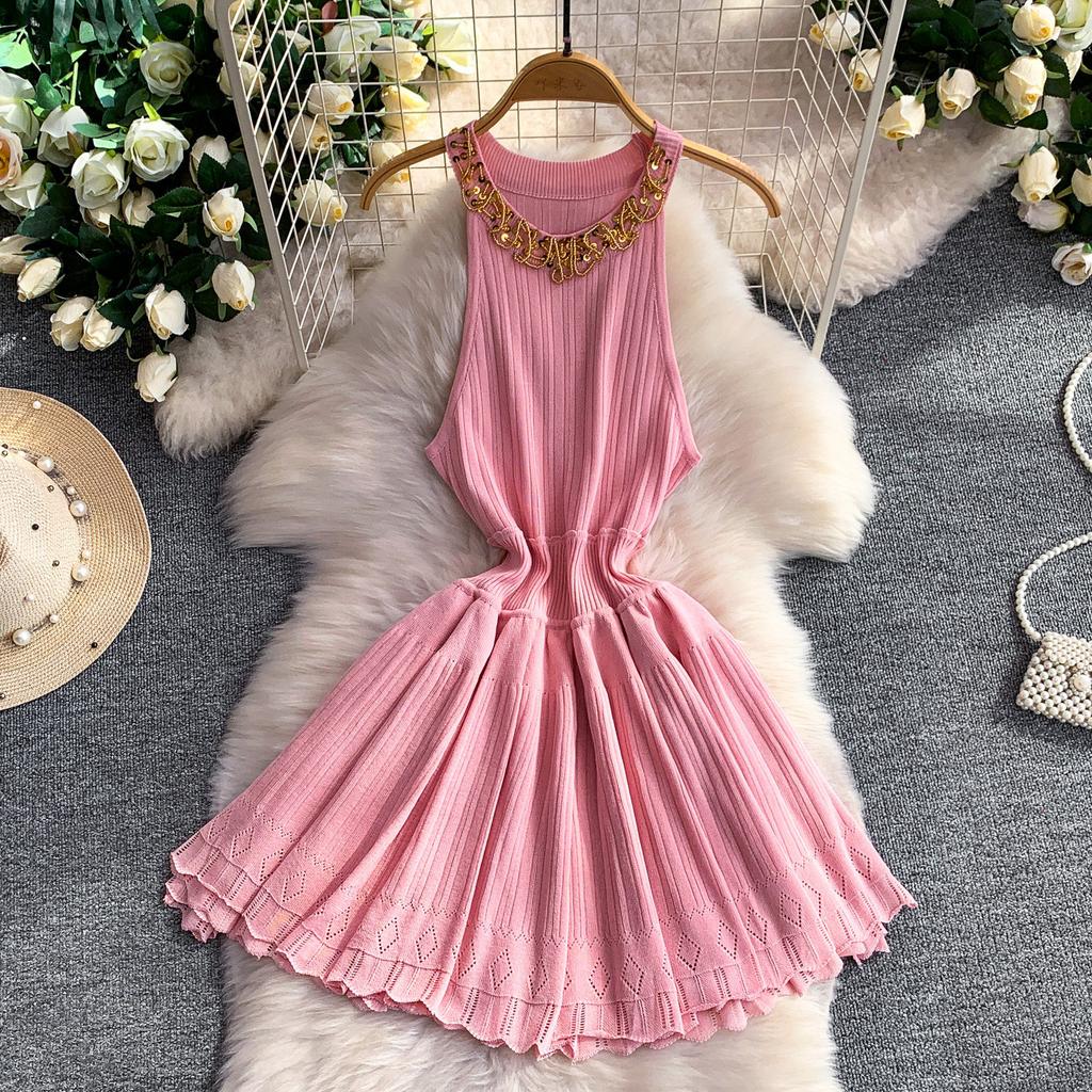 High-end daughter style light luxury bead sequined neck dress women's summer waist thin fluffy knitted skirt