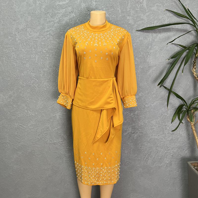 African Women's High-End Beaded Lantern Sleeve Dress