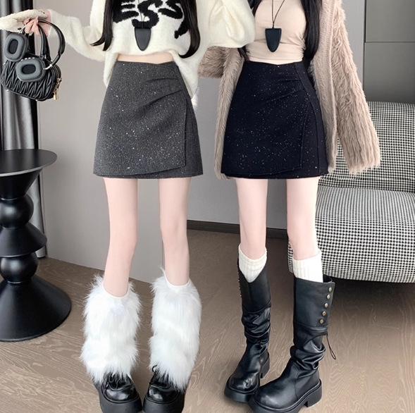 Girls' Sequin Tweed High-Waist A-line Skirt - Irregular Hip-Hugging Design for Autumn/Winter