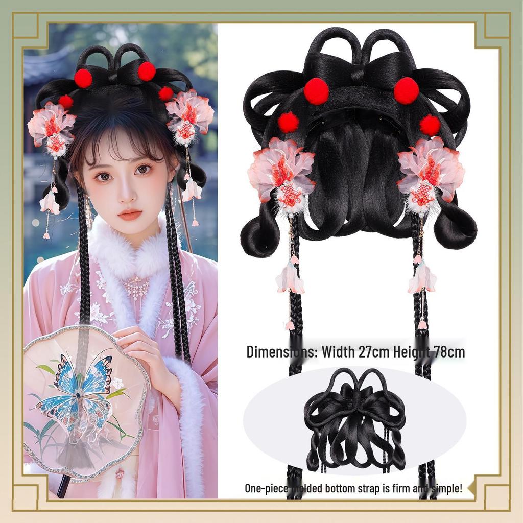 Herbst/Winter Hanfu Perücke und Pompon Stirnband Haaraccessoires Set