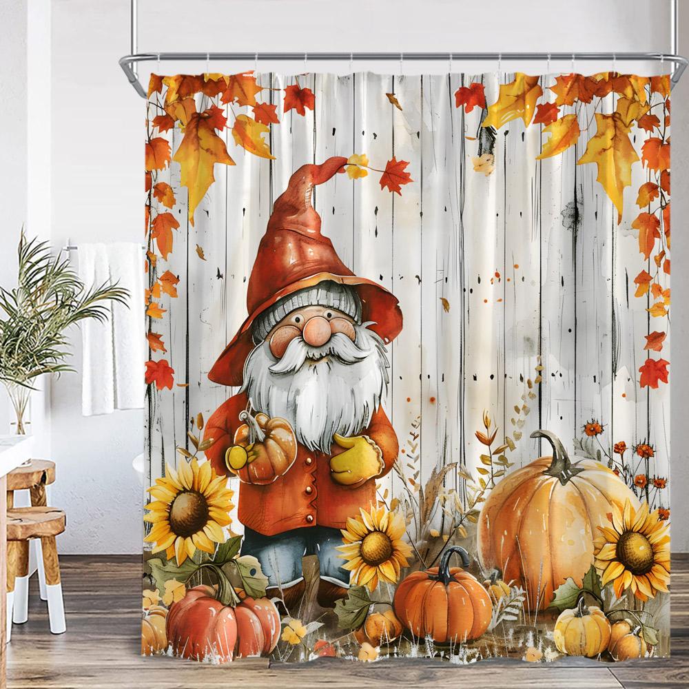 Fall Elf Shower Curtain Autumn Wooden Barn Door Pumpkin Sunflower Maple Bathroom Decor Nature Kid Child Bath Curtain with Hook