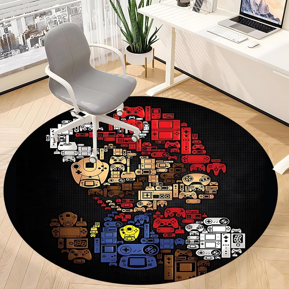 1pc Mario Gamer Console Office Round Area Rug, Indoor Mat Suitable For Office, Under Office Chairs Bedroom Living Room Home Decor, Room Deco