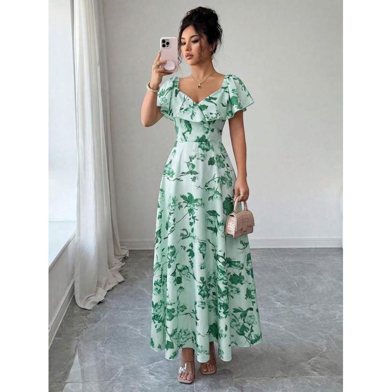 Europe, America 2026 Summer New Temperament Fashionable Ruffle Edge A Word Floral Elegant Dress Women