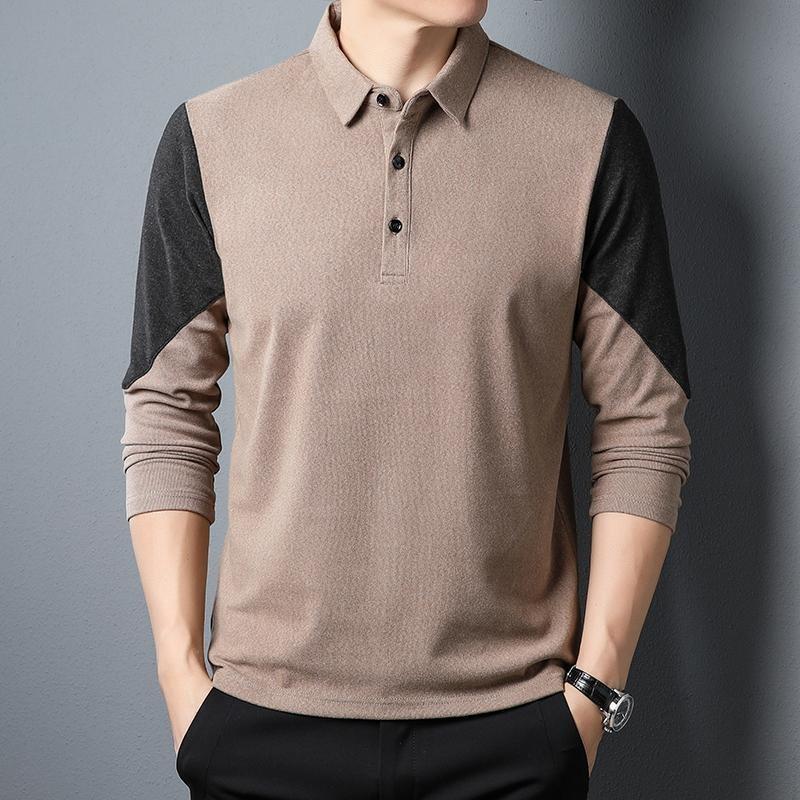 Men s Korean-Style Casual Layering Top Lapel Long-Sleeve Pullover Button Polo Shirt M