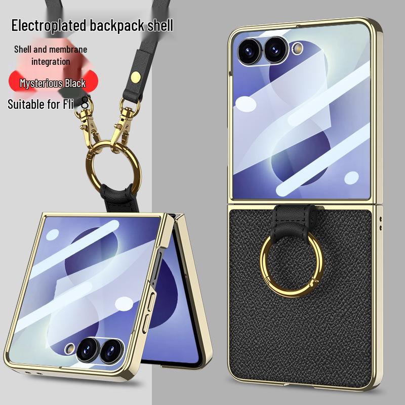 Samsung Z Flip 8 Electroplated Retro Leather Case with Lanyard and Ring Holder