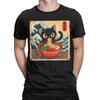 Men T-Shirt Japanese Black Cat Ramen Creative 100% Cotton Tee Shirt Short Sleeve Kawaii Noodle Cat T Shirt Round Neck