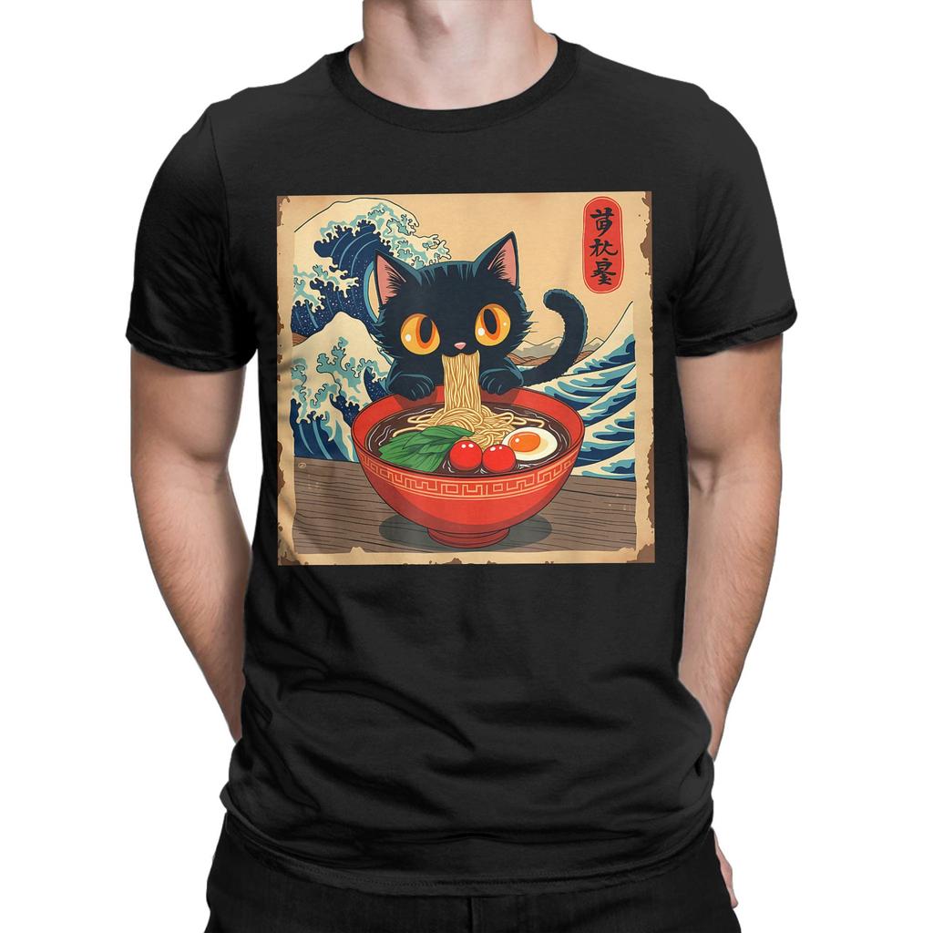 Men T-Shirt Japanese Black Cat Ramen Creative 100% Cotton Tee Shirt Short Sleeve Kawaii Noodle Cat T Shirt Round Neck