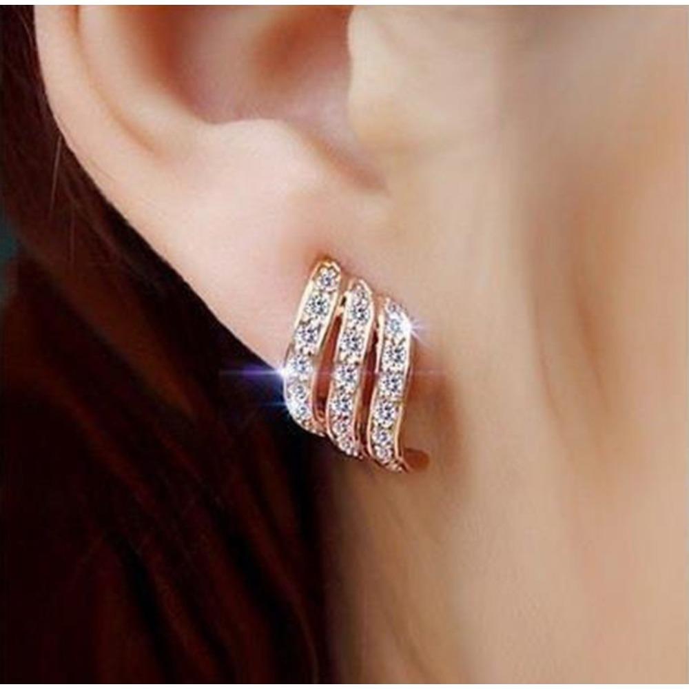 Rose Gold Plated Diamond Earrings for Women Elegant Three Row Stud Earrings Fashion Jewelry Gift
