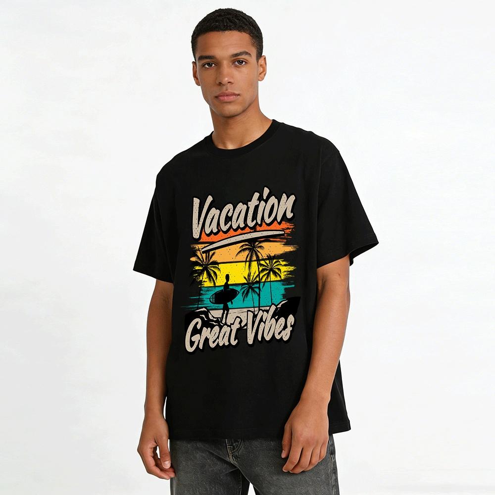 Vacation Great Vibes Coconut Tree Surfer Print Casual Tee Pure cotton T-shirt