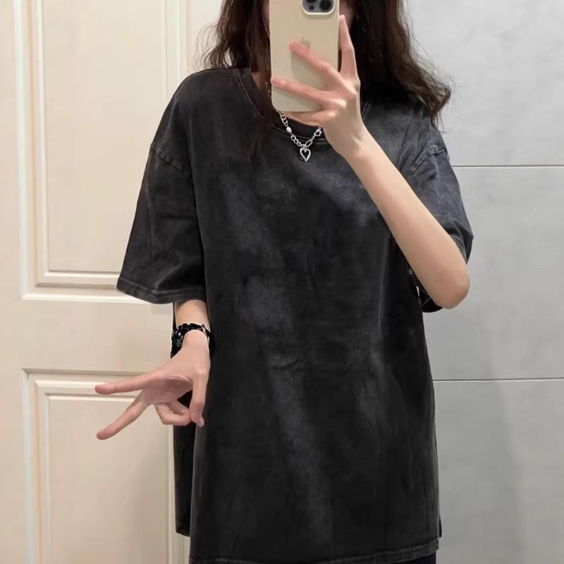 Retro washed shoulder solid color large size short-sleeved t-shirt women's fat mm summer high street loose couple's top