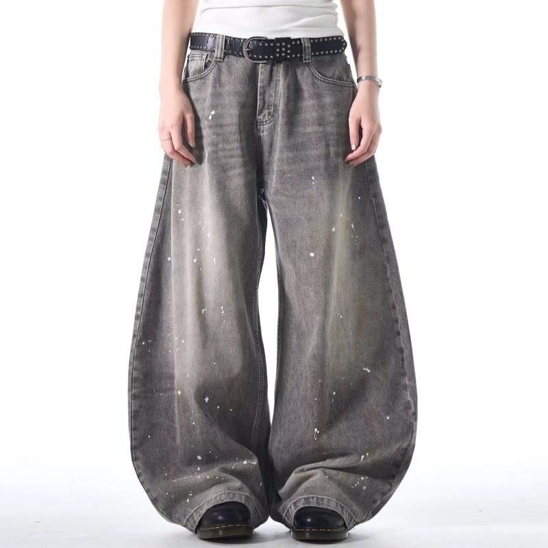 Vintage Washed Denim Wide-Leg Straight Jeans Men Women Gray Loose Fit Streetwear Casual Pants