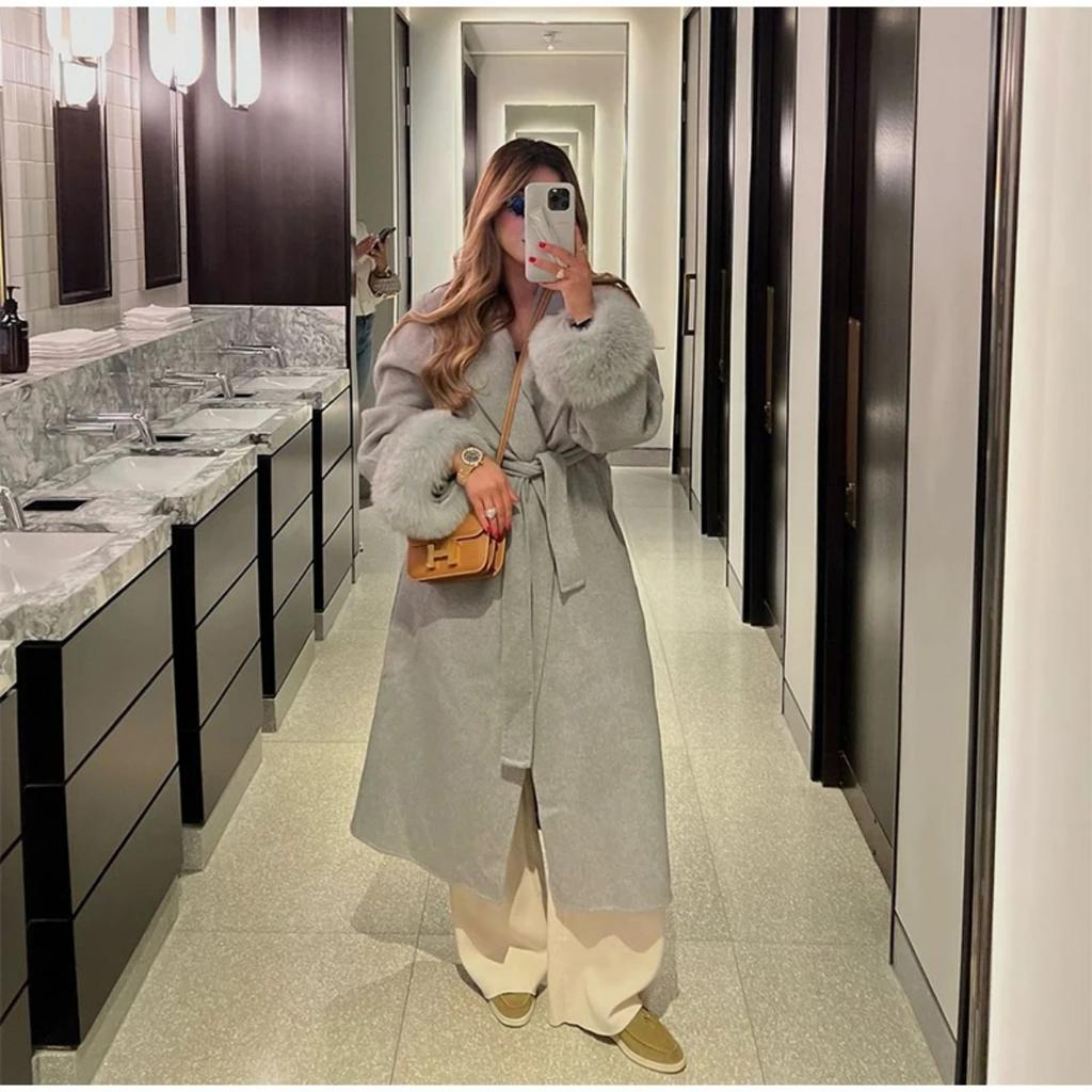 VAYLA Chic Lapel Plush Coat With Belt Women Vintage Solid Faux Fur Sleeve Tweed Open Coats Female Autumn Casual Street Outwear