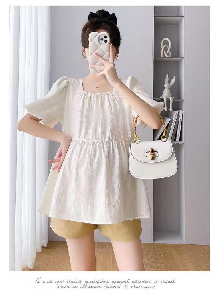 2025 Korean Style Square Neck Maternity Puff Sleeve Babydoll Top