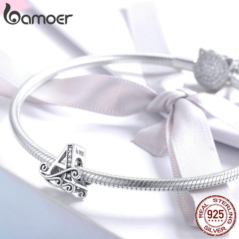 BAMOER Classic 925 Silver Letter Vintage A to Z 26 Letter Charms Openwork CZ Alphabet Beads Fit Charm Bracelet BSC030