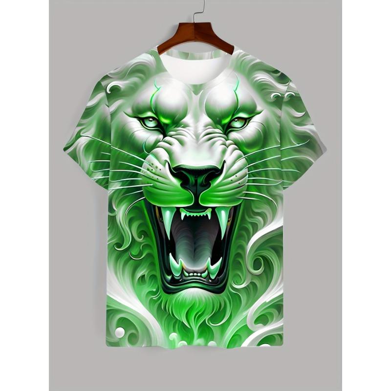 T-shirt da uomo con leone ruggente 3D Blu Freddo Grafica Re Animale Stampata Manica Corta Casual Girocollo Pullover Streetwear Punk Tee Top Abbigliamento da Uomo