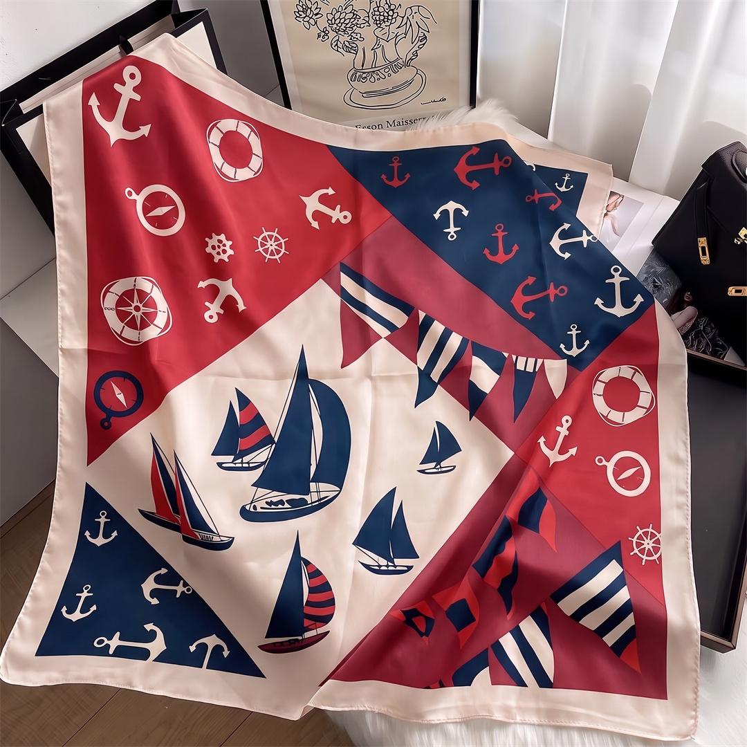 Nieuwe Vierkante Zijden Sjaal Dames Mode Ontwerper Mooie Zeilboot Print Zachte Satijnen Sjaal Zakdoek Sjaals Nek Hoofddoek 90cm blue