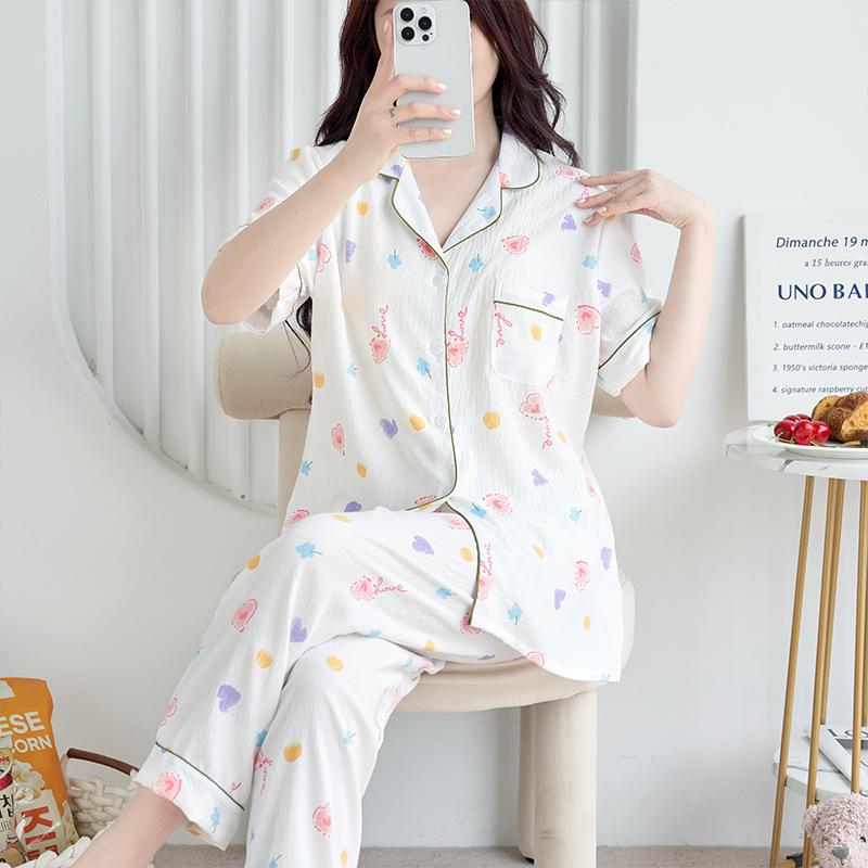 1011 new pajamas women's summer cloud cotton short-sleeved trousers two-piece set Japanese large-size printed loungewear autumn