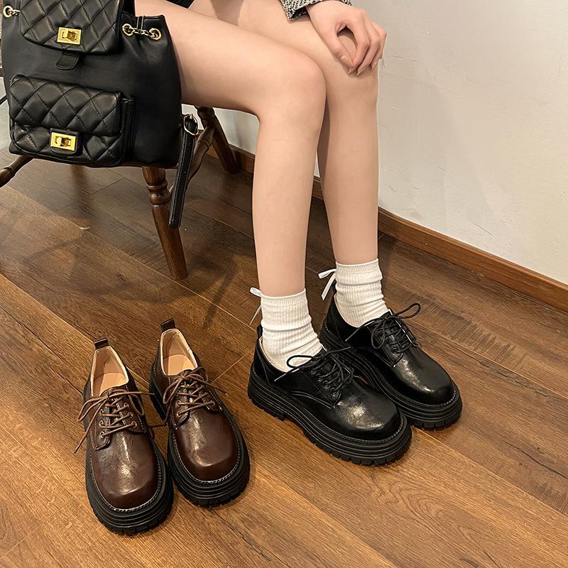 British style platform thick heel single shoes women's retro imitation leather fashion versatile lace-up round head jk small leather shoes