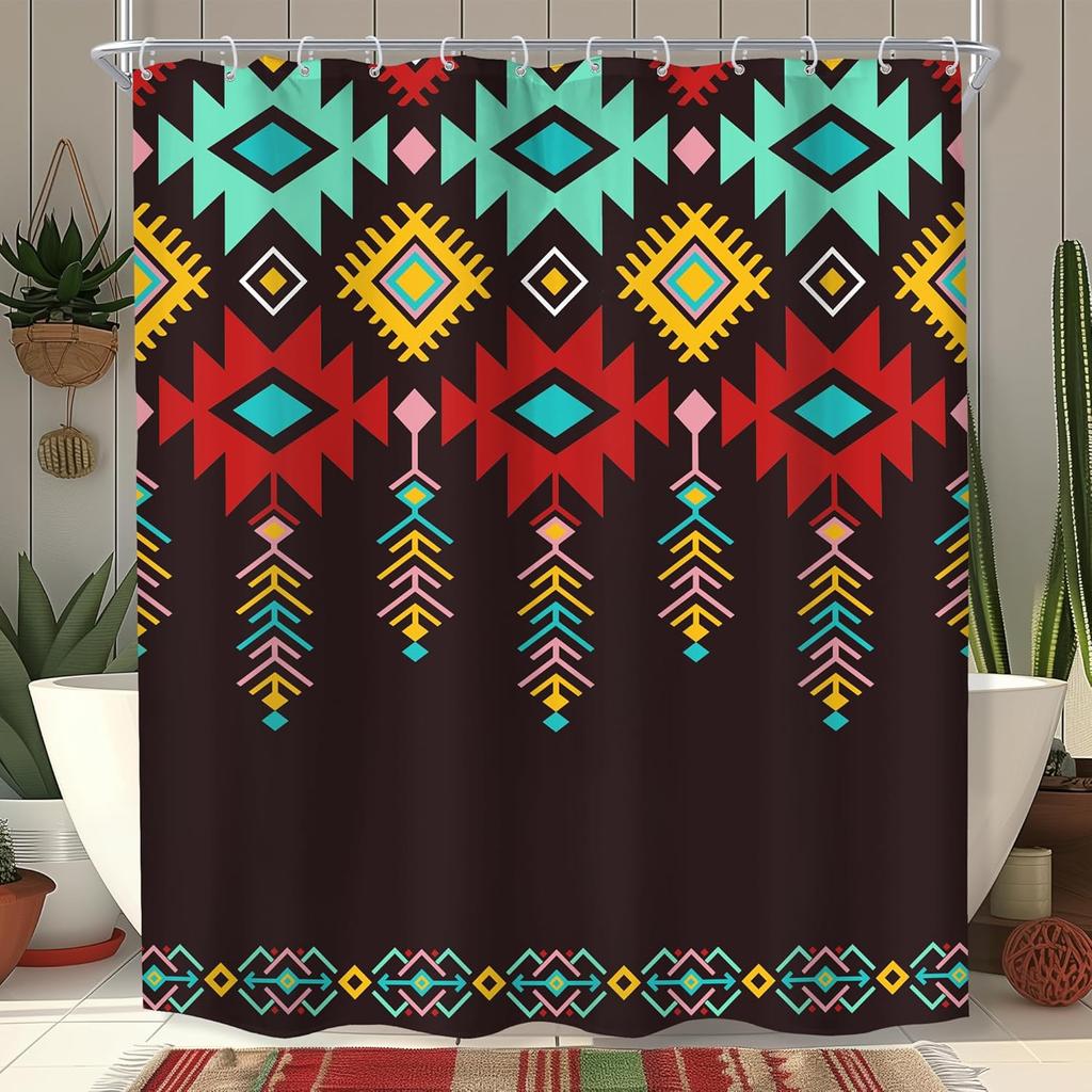 Black Aztec Western Shower Curtain for Bathroom Decor Abstract Boho Geometric Tribal Ethnic Retro American Brown Tan Simple