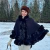Poncho a mantella da donna con cappuccio e bordi in finta pelliccia, scialle invernale caldo con apertura frontale, mantella oversize