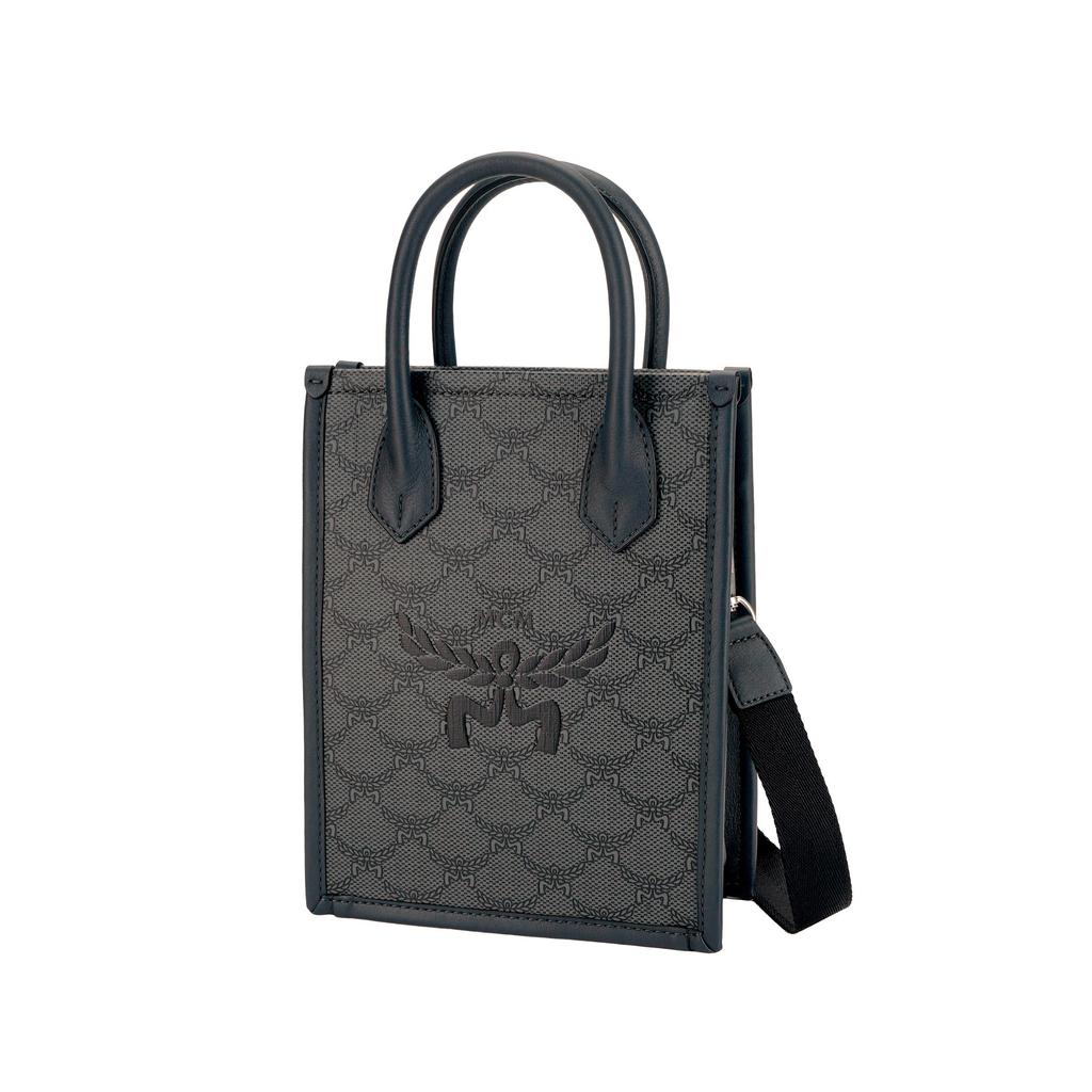 MCM Dark Grey Lauretos Jacquard Mini Tote Bag with Leather Handles & Embroidered Logo for Daily & Casual Use